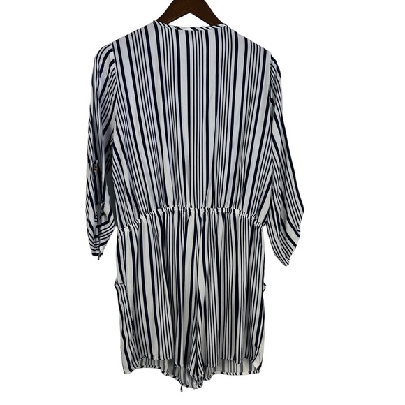 Belle TWEED QUARTER SLEEVE STRIPED SHORTS ROMPER WITH CINCHED WAIST - Picture 5 of 10